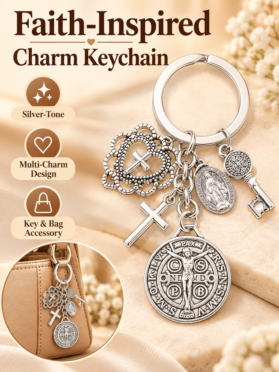 🙏 Faith Gift Deal – St. Benedict & Marian Cross Keychain ✨ Meaningful Religious Charm for Bags, Phones & Everyday Carry 🎁