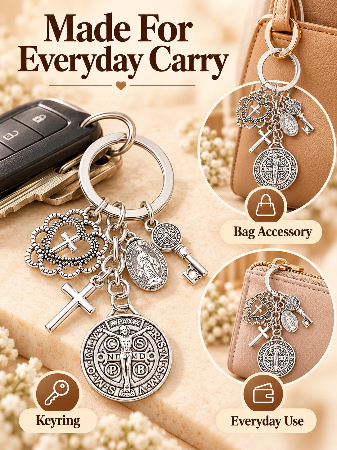 🙏 Faith Gift Deal – St. Benedict & Marian Cross Keychain ✨ Meaningful Religious Charm for Bags, Phones & Everyday Carry 🎁