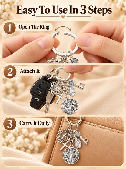 🙏 Faith Gift Deal – St. Benedict & Marian Cross Keychain ✨ Meaningful Religious Charm for Bags, Phones & Everyday Carry 🎁