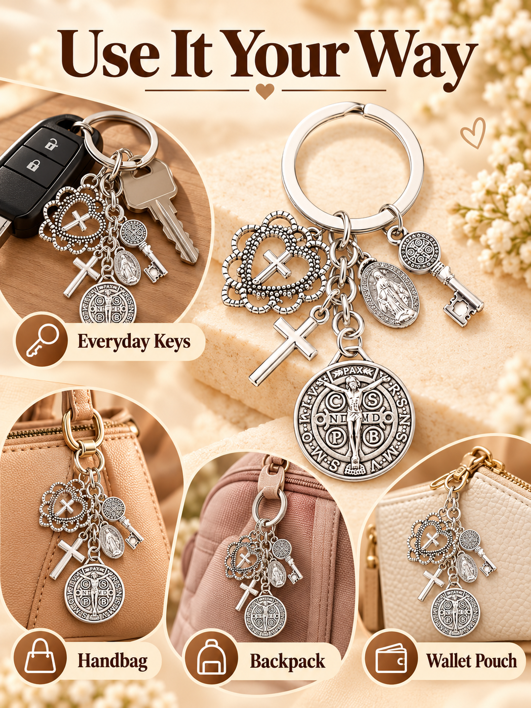 🙏 Faith Gift Deal – St. Benedict & Marian Cross Keychain ✨ Meaningful Religious Charm for Bags, Phones & Everyday Carry 🎁