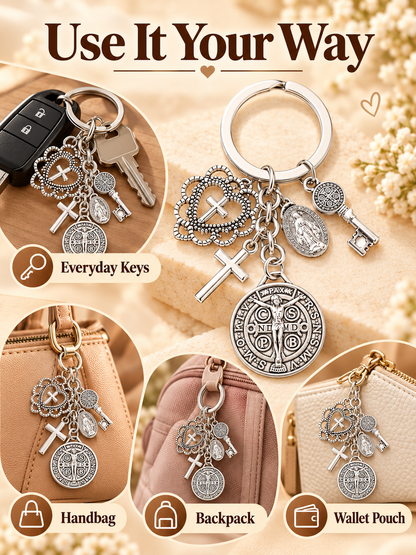 🙏 Faith Gift Deal – St. Benedict & Marian Cross Keychain ✨ Meaningful Religious Charm for Bags, Phones & Everyday Carry 🎁