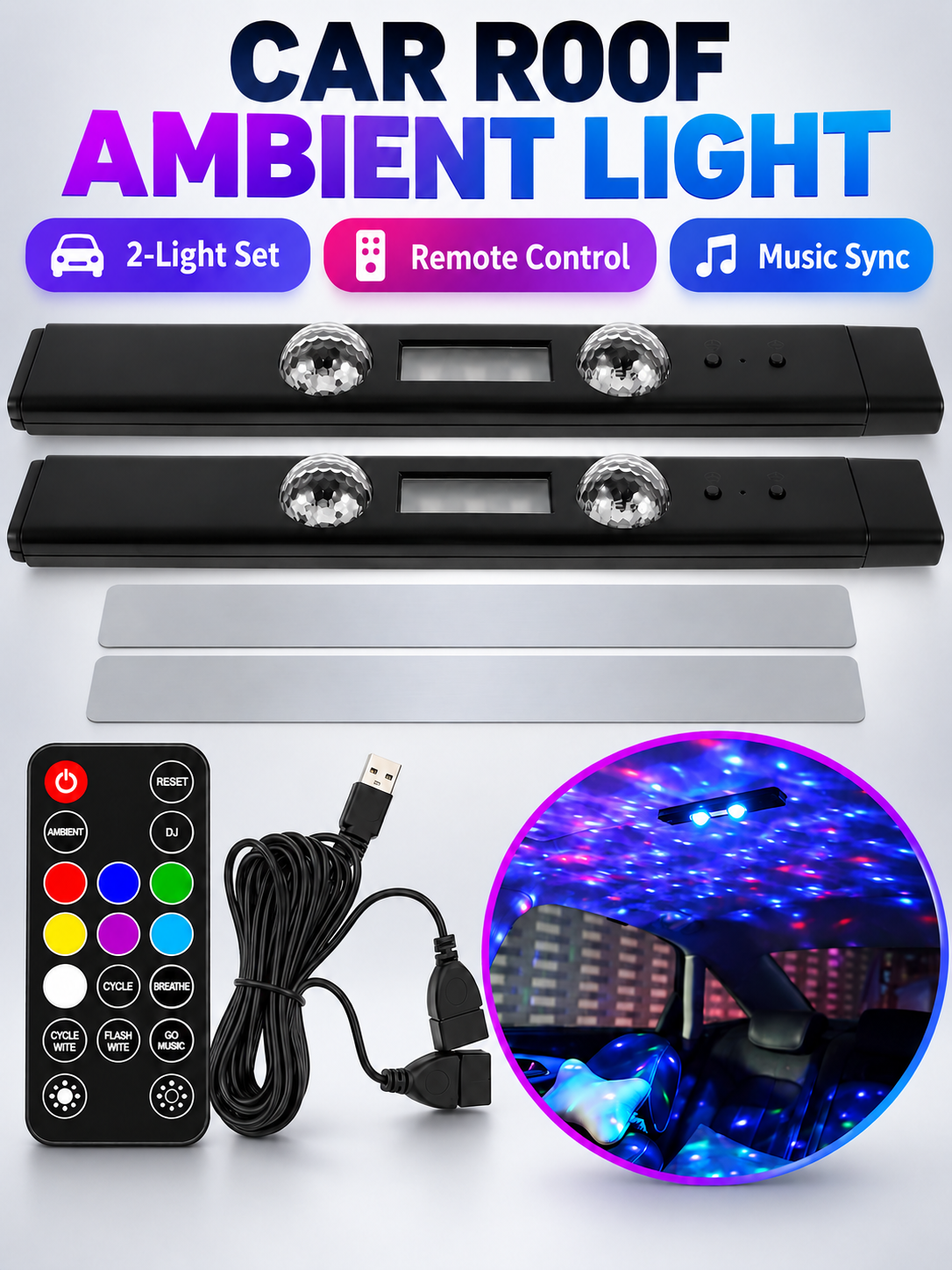 🚗 Car Glow Deal – 2-Piece RGB Starry Ambient Lights ✨ Wireless Rechargeable Interior Lighting with Music Sync & Remote Control 🌈