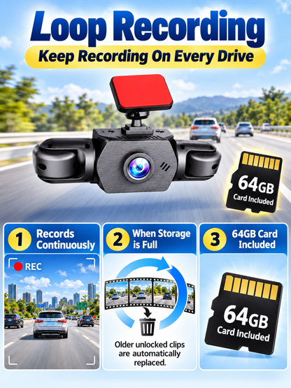 🚗 Auto Tech Deal – 3-Channel HD Dash Camera 📹 Front, Rear & Cabin Recording with 24H Parking Mode & G-Sensor ✨