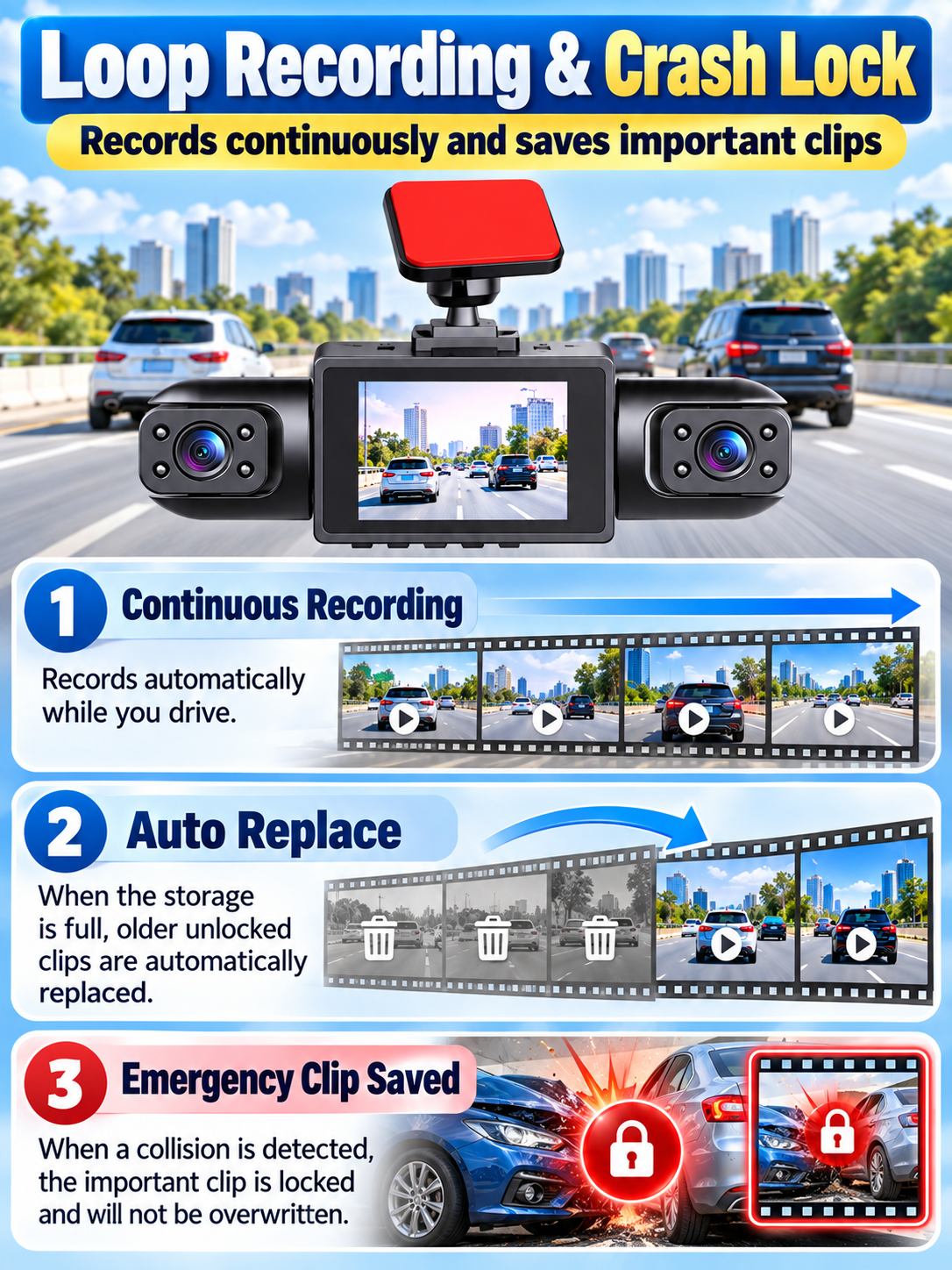 🚗 Auto Tech Deal – 3-Channel HD Dash Camera 📹 Front, Rear & Cabin Recording with 24H Parking Mode & G-Sensor ✨