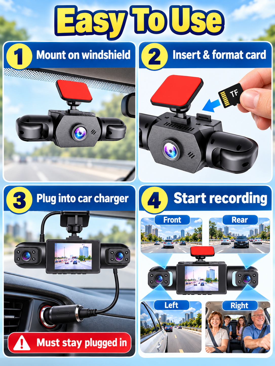 🚗 Auto Tech Deal – 3-Channel HD Dash Camera 📹 Front, Rear & Cabin Recording with 24H Parking Mode & G-Sensor ✨