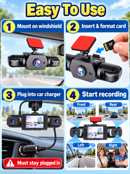 🚗 Auto Tech Deal – 3-Channel HD Dash Camera 📹 Front, Rear & Cabin Recording with 24H Parking Mode & G-Sensor ✨