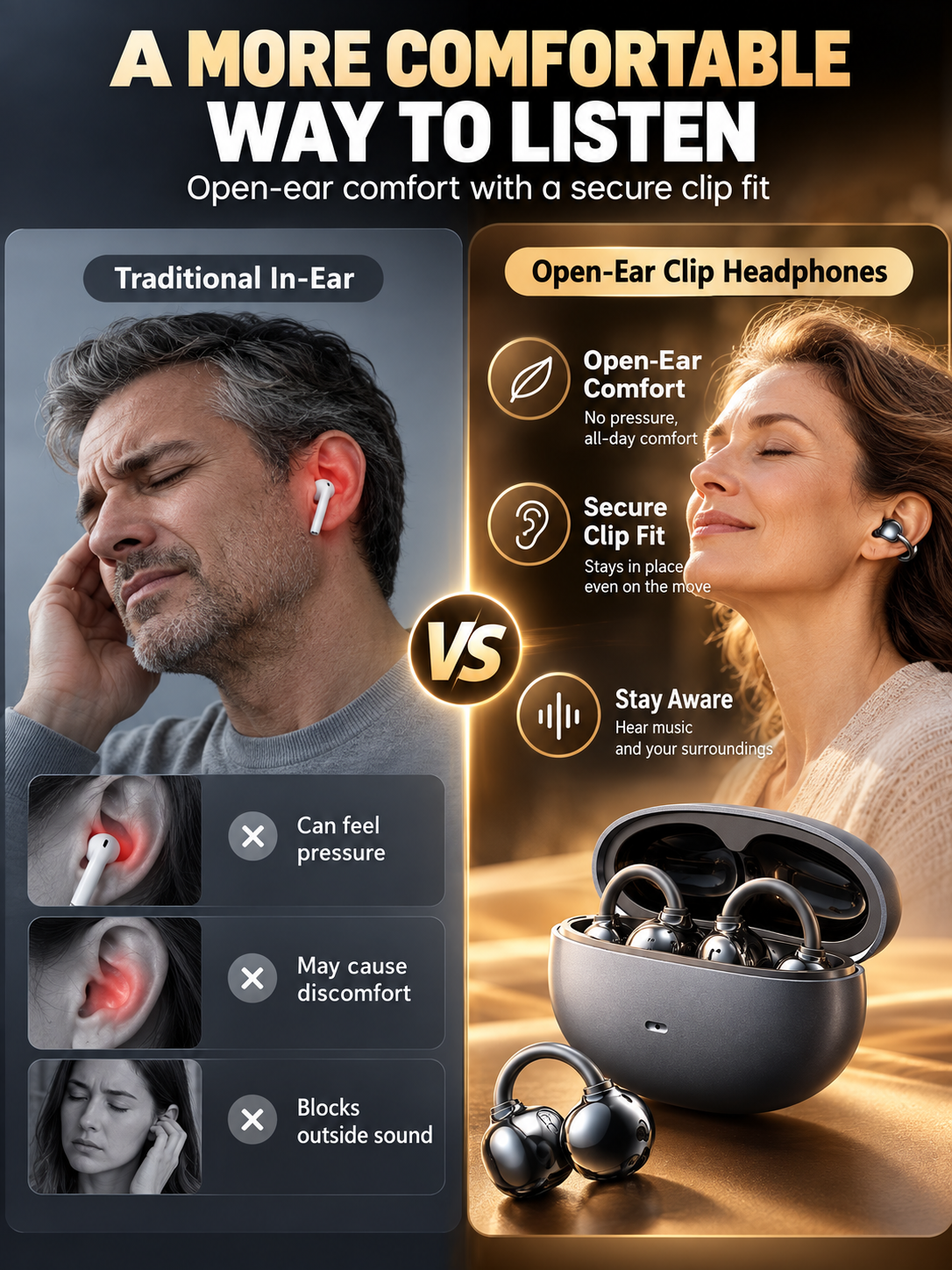 🎧 Audio Deal – Open-Ear Clip Bluetooth Earbuds ✨ Secure Ear-Hook Fit with Mic, Waterproof Design & 36H Playback for Workouts 💪