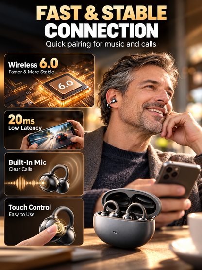🎧 Audio Deal – Open-Ear Clip Bluetooth Earbuds ✨ Secure Ear-Hook Fit with Mic, Waterproof Design & 36H Playback for Workouts 💪