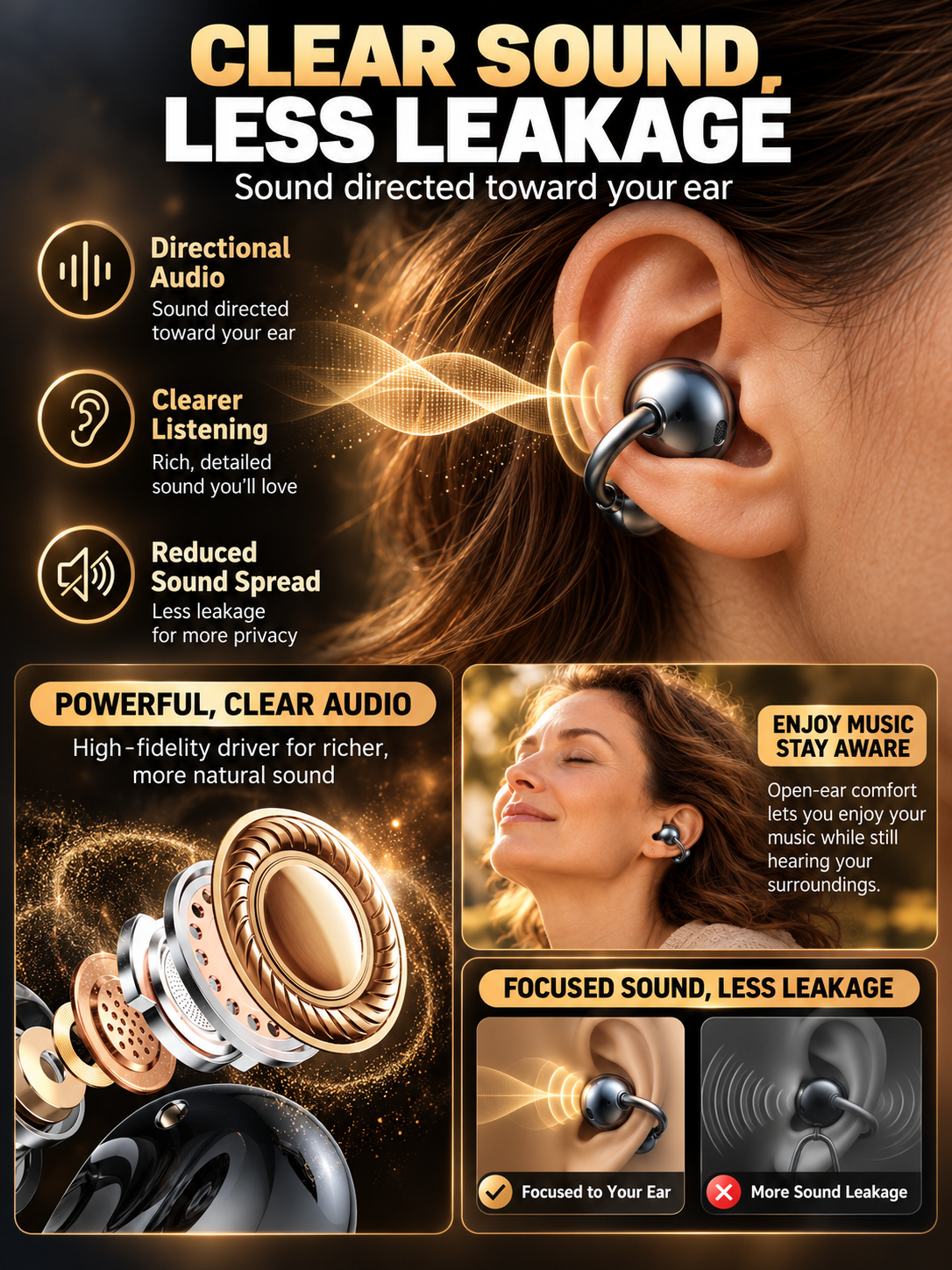🎧 Audio Deal – Open-Ear Clip Bluetooth Earbuds ✨ Secure Ear-Hook Fit with Mic, Waterproof Design & 36H Playback for Workouts 💪