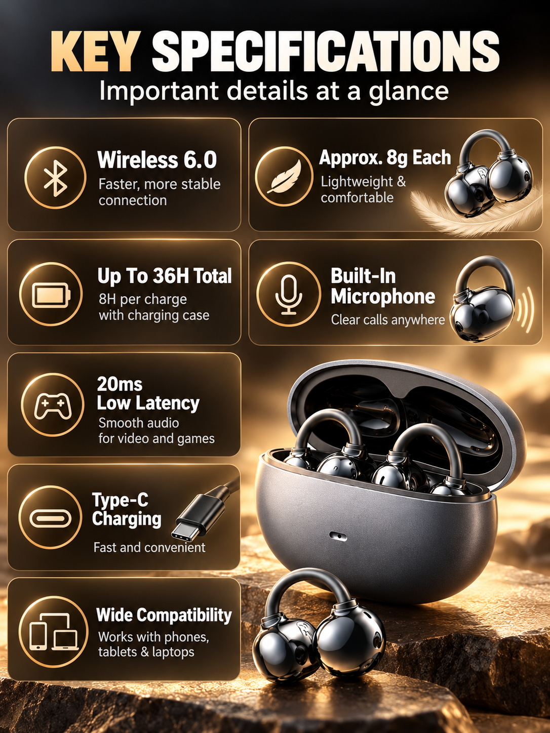 🎧 Audio Deal – Open-Ear Clip Bluetooth Earbuds ✨ Secure Ear-Hook Fit with Mic, Waterproof Design & 36H Playback for Workouts 💪