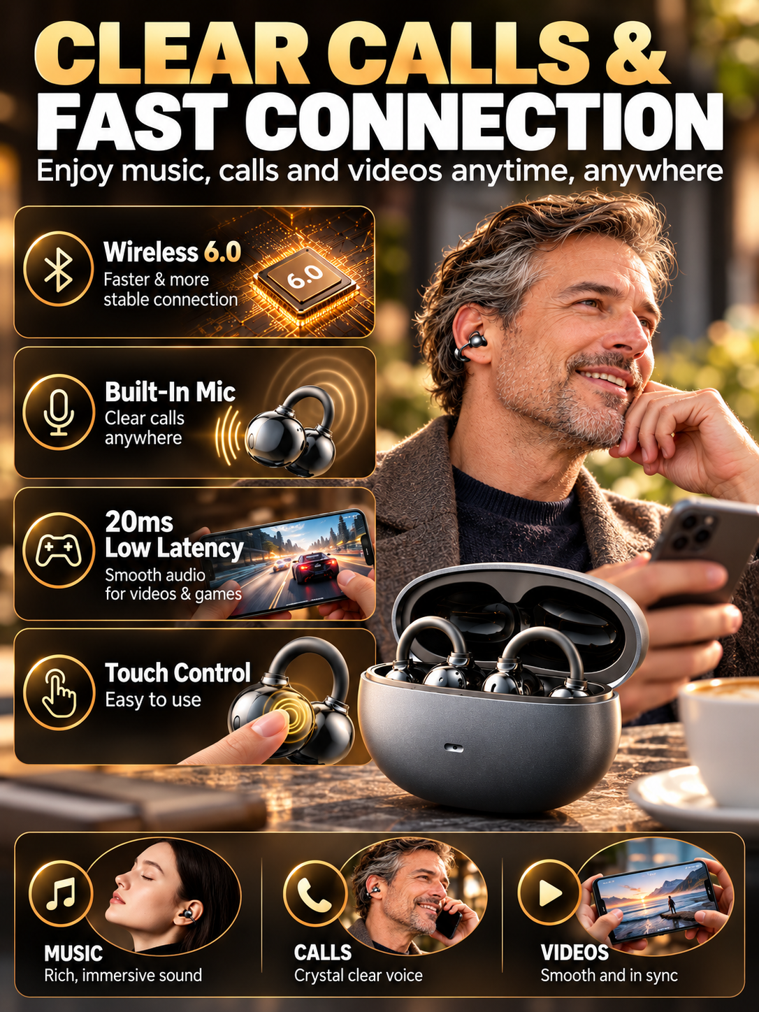 🎧 Audio Deal – Open-Ear Clip Bluetooth Earbuds ✨ Secure Ear-Hook Fit with Mic, Waterproof Design & 36H Playback for Workouts 💪
