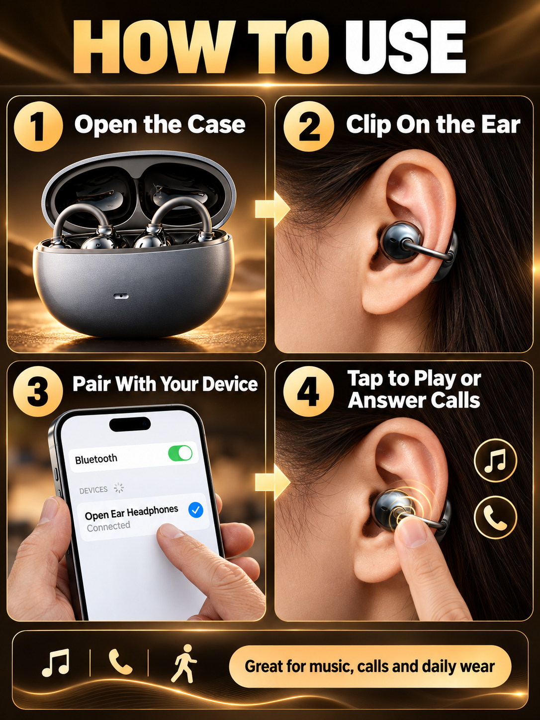 🎧 Audio Deal – Open-Ear Clip Bluetooth Earbuds ✨ Secure Ear-Hook Fit with Mic, Waterproof Design & 36H Playback for Workouts 💪