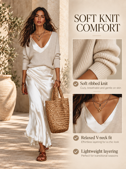 ✨ Fashion Deal – Women’s Knit Sweater & Satin Maxi Set 👗 Chic V-Neck Layered Two-Piece Outfit for Effortless Elegance 💕