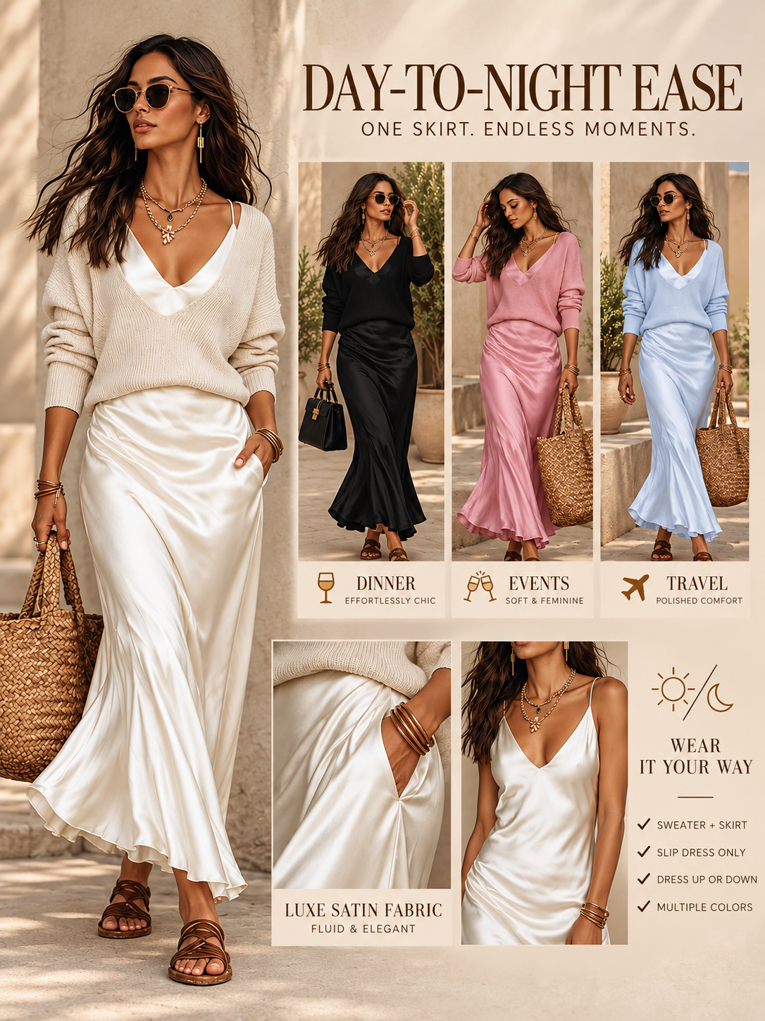✨ Fashion Deal – Women’s Knit Sweater & Satin Maxi Set 👗 Chic V-Neck Layered Two-Piece Outfit for Effortless Elegance 💕