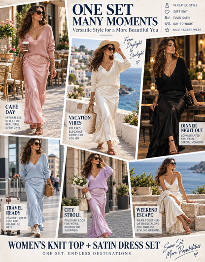 ✨ Fashion Deal – Women’s Knit Sweater & Satin Maxi Set 👗 Chic V-Neck Layered Two-Piece Outfit for Effortless Elegance 💕