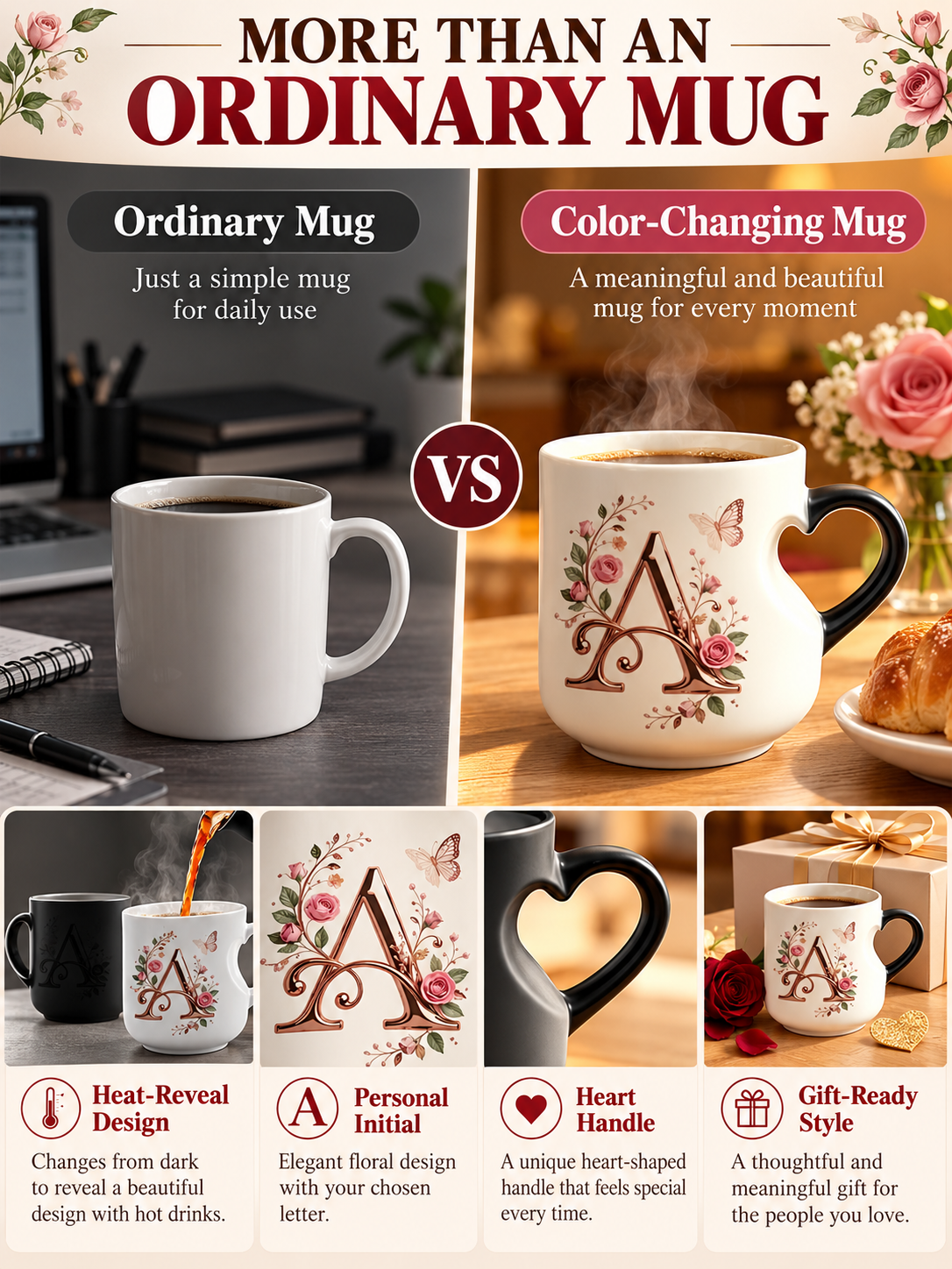 🌹 Gift Deal – Rose Gold Floral Initial Magic Mug ☕ Heat-Reactive Ceramic Cup with Personalized Design for Friends & Family ✨