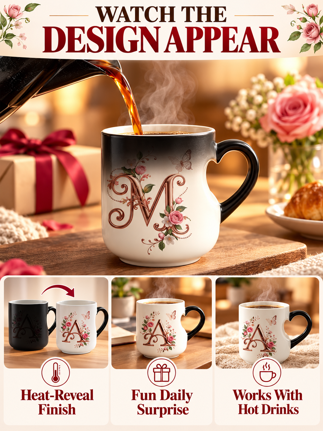 🌹 Gift Deal – Rose Gold Floral Initial Magic Mug ☕ Heat-Reactive Ceramic Cup with Personalized Design for Friends & Family ✨