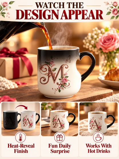 🌹 Gift Deal – Rose Gold Floral Initial Magic Mug ☕ Heat-Reactive Ceramic Cup with Personalized Design for Friends & Family ✨