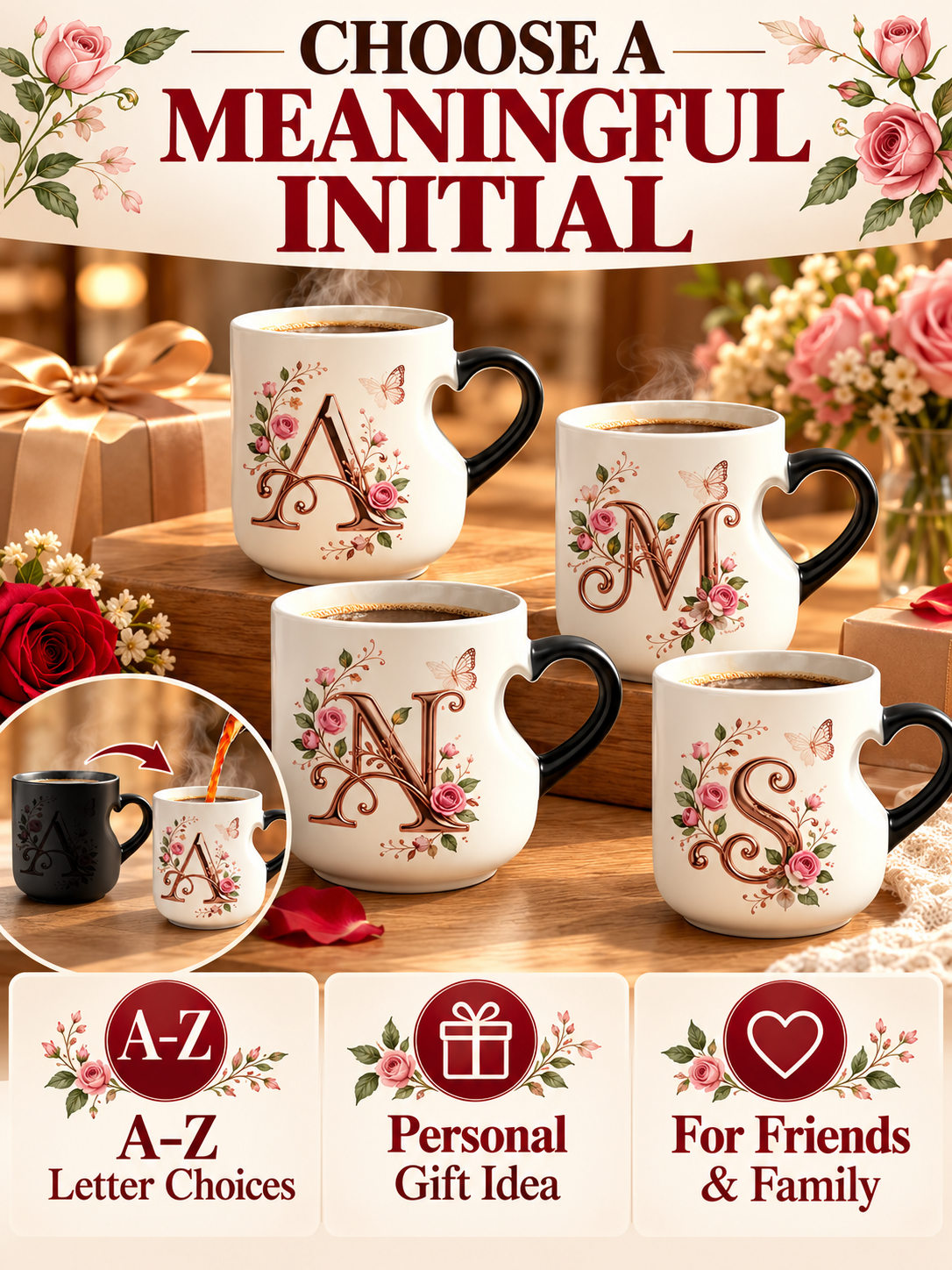 🌹 Gift Deal – Rose Gold Floral Initial Magic Mug ☕ Heat-Reactive Ceramic Cup with Personalized Design for Friends & Family ✨