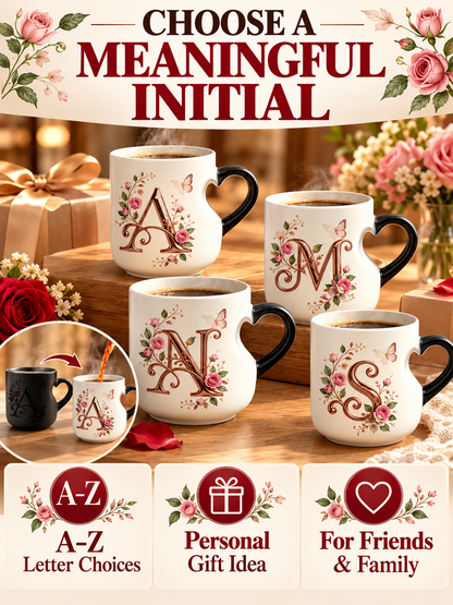 🌹 Gift Deal – Rose Gold Floral Initial Magic Mug ☕ Heat-Reactive Ceramic Cup with Personalized Design for Friends & Family ✨