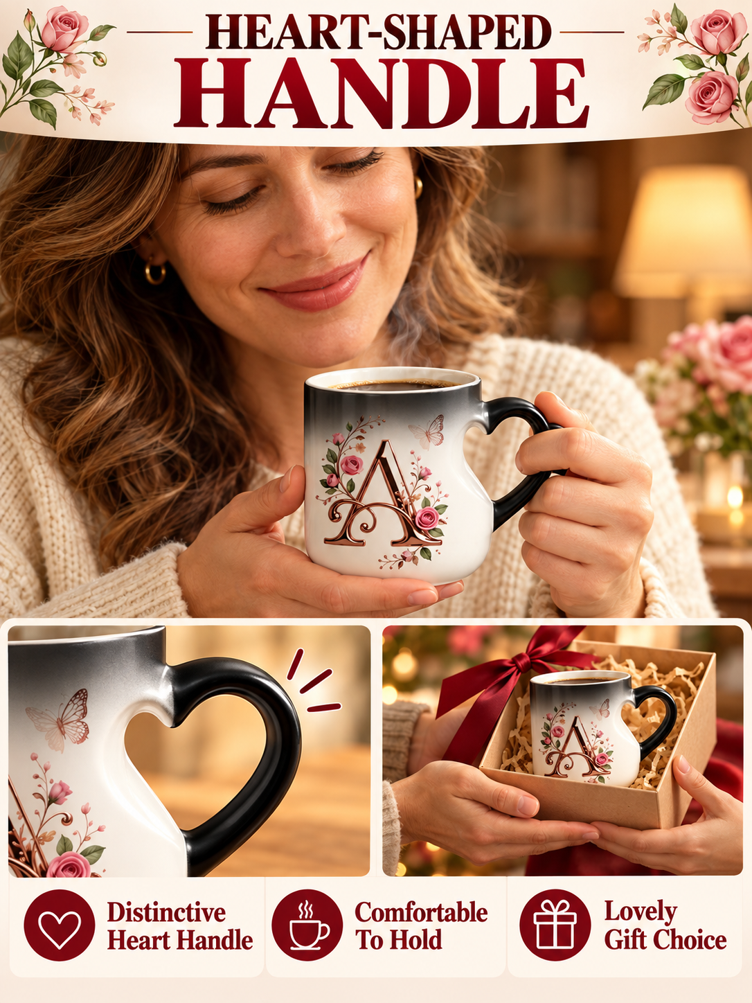 🌹 Gift Deal – Rose Gold Floral Initial Magic Mug ☕ Heat-Reactive Ceramic Cup with Personalized Design for Friends & Family ✨