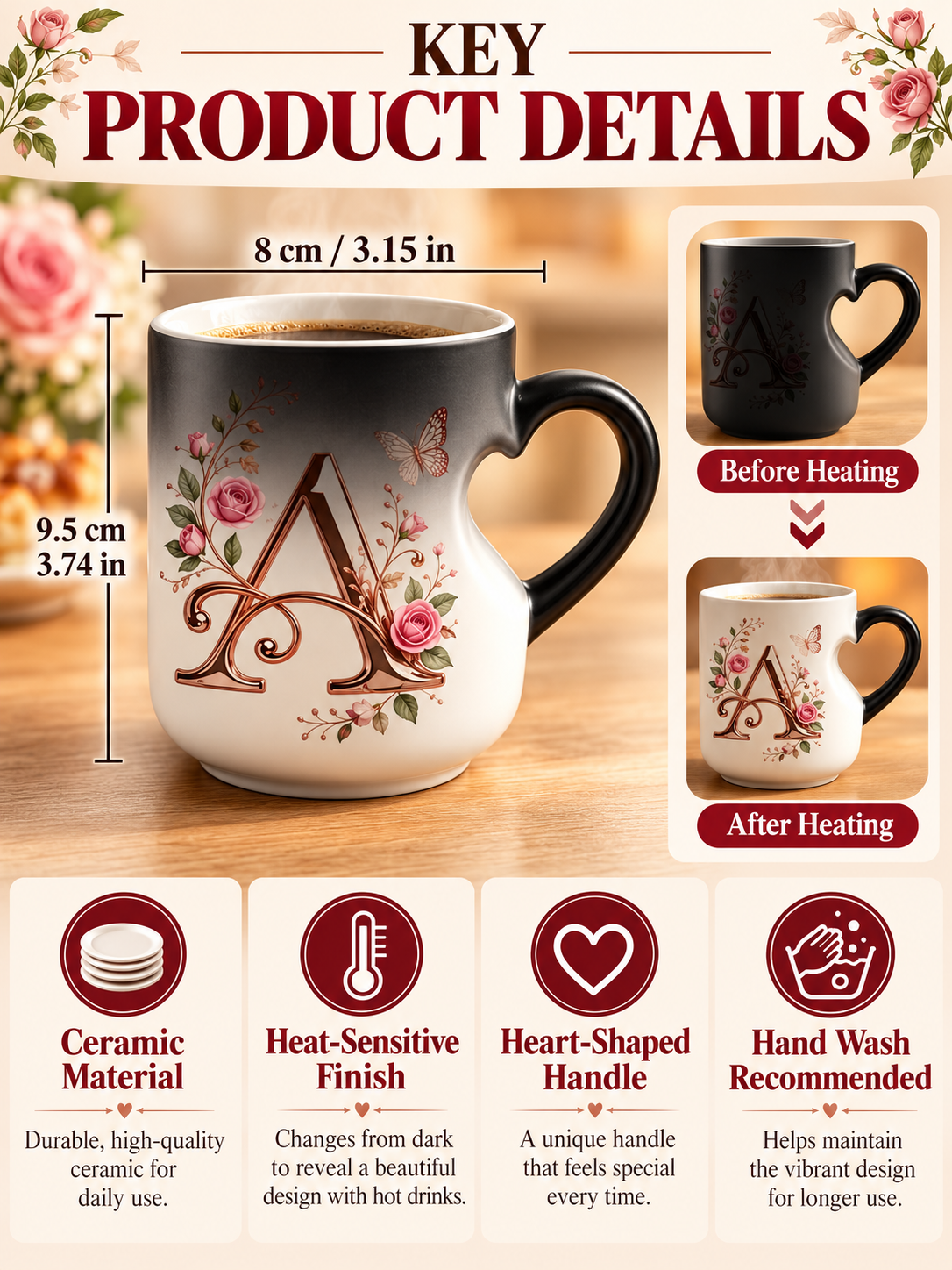 🌹 Gift Deal – Rose Gold Floral Initial Magic Mug ☕ Heat-Reactive Ceramic Cup with Personalized Design for Friends & Family ✨