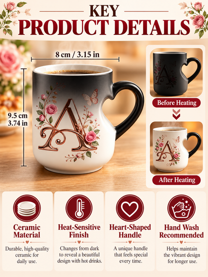 🌹 Gift Deal – Rose Gold Floral Initial Magic Mug ☕ Heat-Reactive Ceramic Cup with Personalized Design for Friends & Family ✨