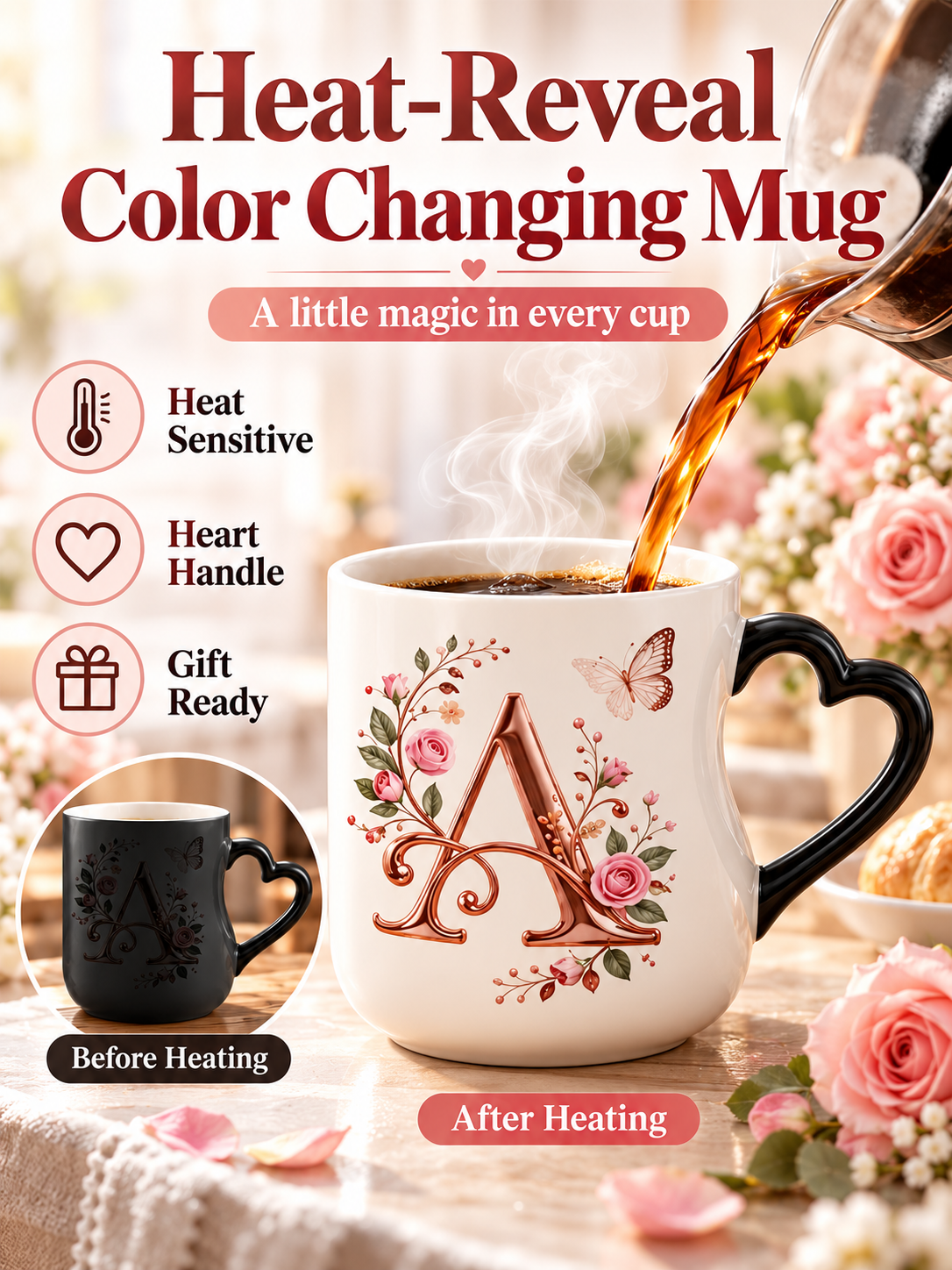 🌹 Gift Deal – Rose Gold Floral Initial Magic Mug ☕ Heat-Reactive Ceramic Cup with Personalized Design for Friends & Family ✨