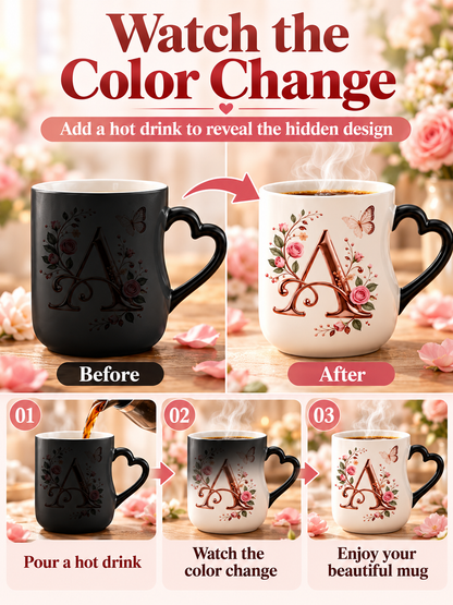 🌹 Gift Deal – Rose Gold Floral Initial Magic Mug ☕ Heat-Reactive Ceramic Cup with Personalized Design for Friends & Family ✨