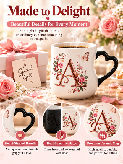 🌹 Gift Deal – Rose Gold Floral Initial Magic Mug ☕ Heat-Reactive Ceramic Cup with Personalized Design for Friends & Family ✨