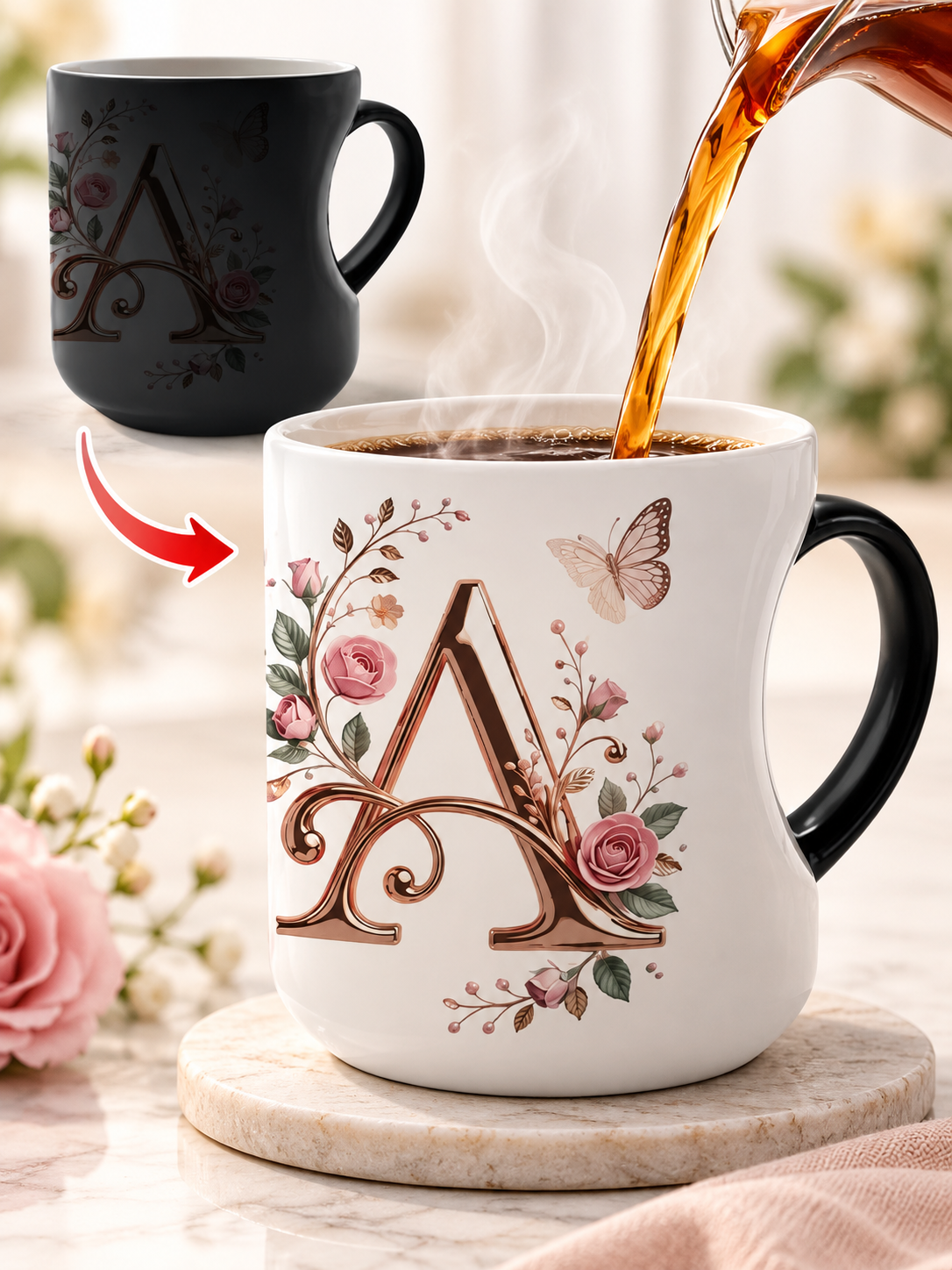 🌹 Gift Deal – Rose Gold Floral Initial Magic Mug ☕ Heat-Reactive Ceramic Cup with Personalized Design for Friends & Family ✨