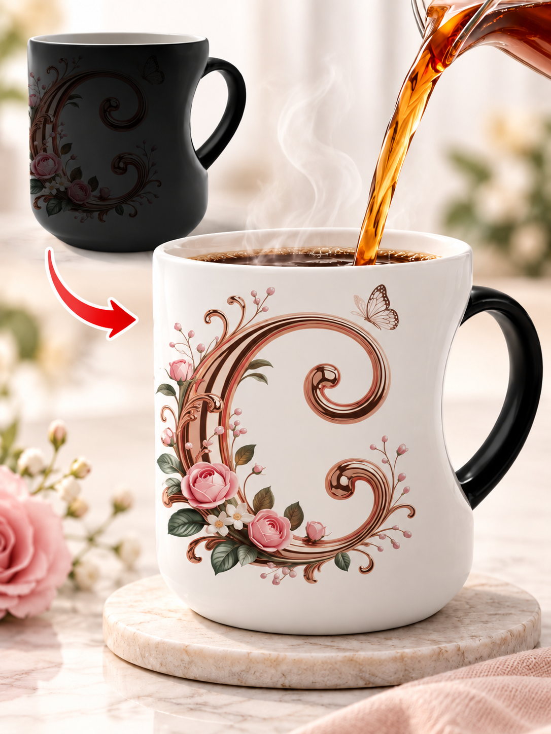 🌹 Gift Deal – Rose Gold Floral Initial Magic Mug ☕ Heat-Reactive Ceramic Cup with Personalized Design for Friends & Family ✨