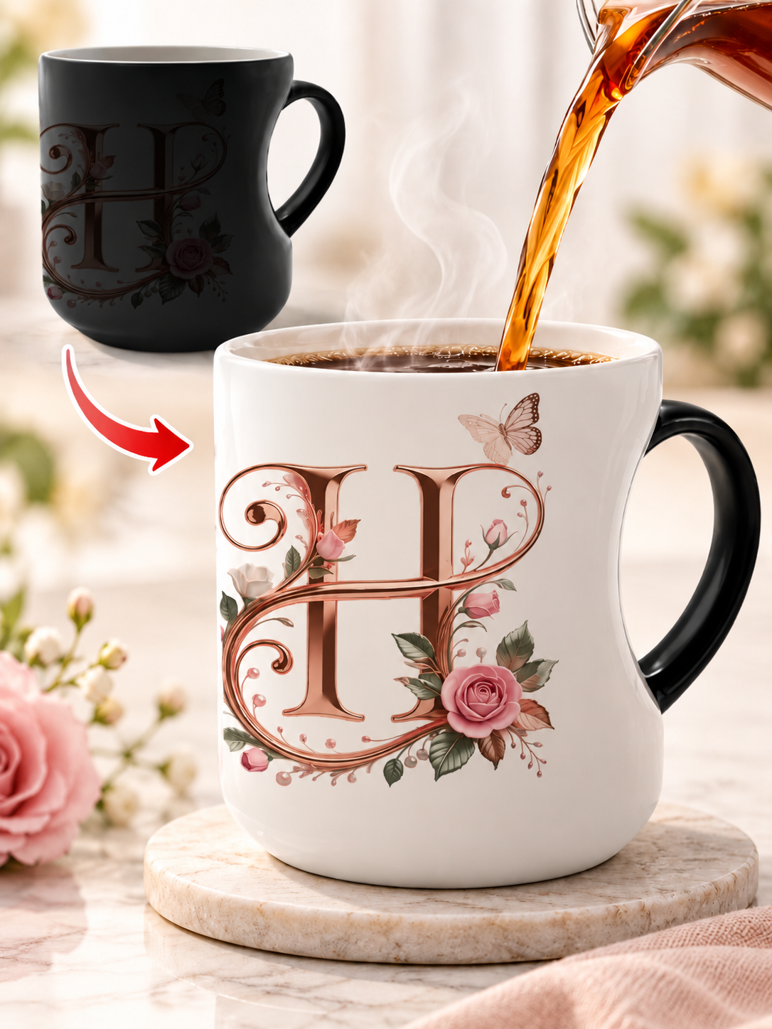 🌹 Gift Deal – Rose Gold Floral Initial Magic Mug ☕ Heat-Reactive Ceramic Cup with Personalized Design for Friends & Family ✨