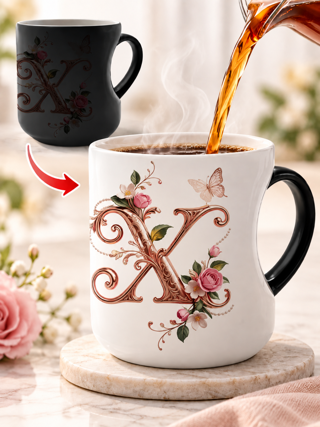 🌹 Gift Deal – Rose Gold Floral Initial Magic Mug ☕ Heat-Reactive Ceramic Cup with Personalized Design for Friends & Family ✨