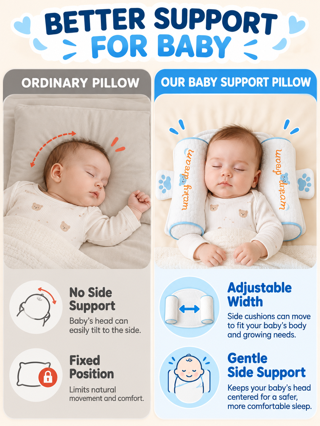 👶 Baby Comfort Deal – Breathable Infant Head & Neck Pillow 💤 Soft Adjustable Cotton Support Cushion for Newborn Sleep & Rest ✨