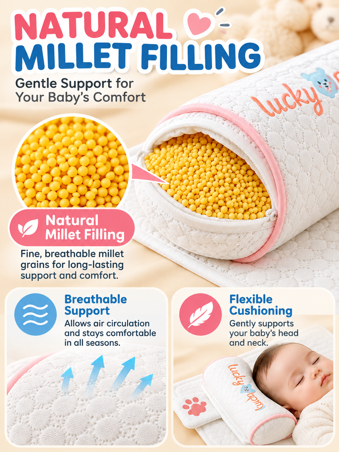 👶 Baby Comfort Deal – Breathable Infant Head & Neck Pillow 💤 Soft Adjustable Cotton Support Cushion for Newborn Sleep & Rest ✨