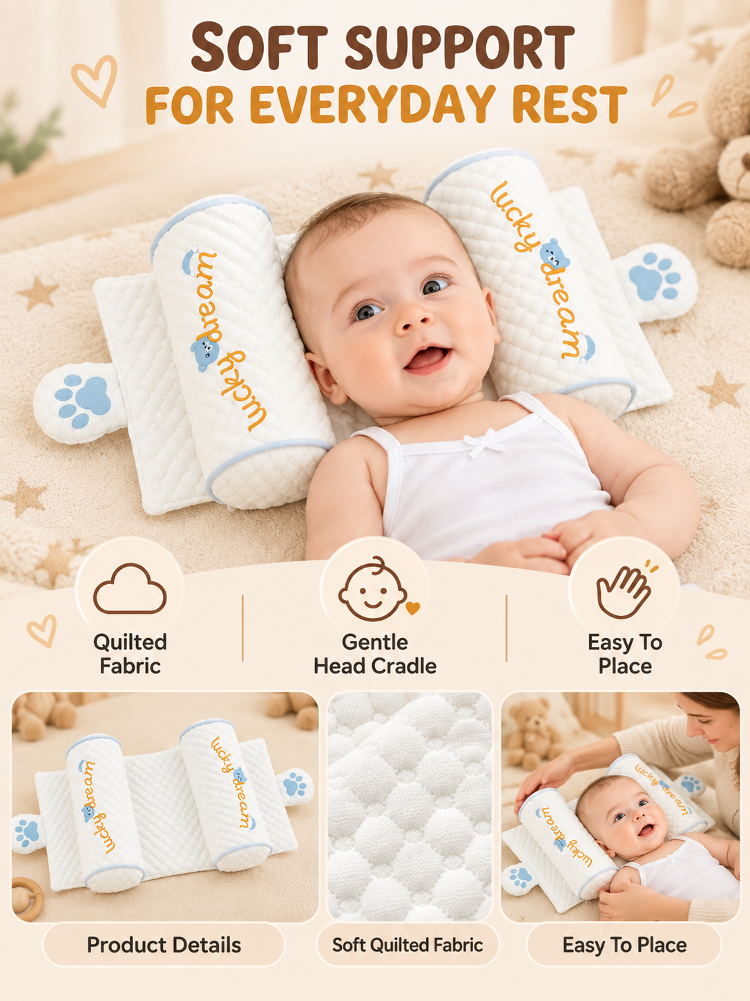 👶 Baby Comfort Deal – Breathable Infant Head & Neck Pillow 💤 Soft Adjustable Cotton Support Cushion for Newborn Sleep & Rest ✨