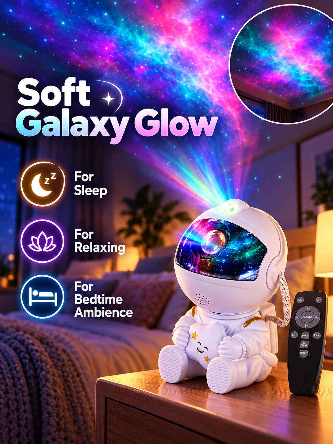 🌌 Home Glow Deal – Galaxy Nebula Night Projector ✨ 8-Mode Starry Ceiling Light with Remote & 360° Adjustable Design for Bedrooms 🎮