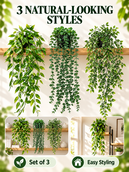 🌿 Home Decor Deal – 3-Piece Faux Hanging Greenery 🪴 Lifelike Potted Vines for Shelves, Walls, Balconies & Office Spaces ✨
