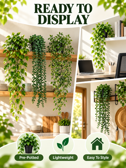 🌿 Home Decor Deal – 3-Piece Faux Hanging Greenery 🪴 Lifelike Potted Vines for Shelves, Walls, Balconies & Office Spaces ✨