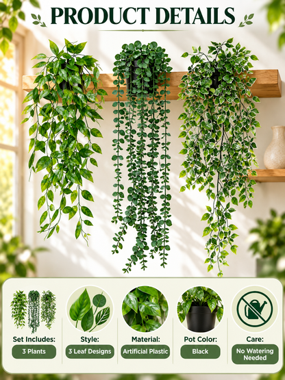 🌿 Home Decor Deal – 3-Piece Faux Hanging Greenery 🪴 Lifelike Potted Vines for Shelves, Walls, Balconies & Office Spaces ✨