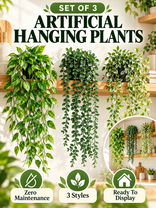 🌿 Home Decor Deal – 3-Piece Faux Hanging Greenery 🪴 Lifelike Potted Vines for Shelves, Walls, Balconies & Office Spaces ✨