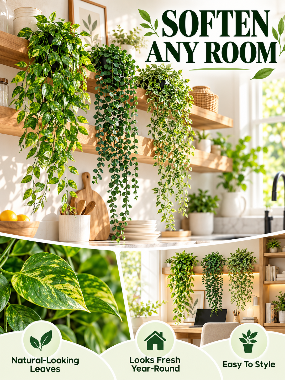 🌿 Home Decor Deal – 3-Piece Faux Hanging Greenery 🪴 Lifelike Potted Vines for Shelves, Walls, Balconies & Office Spaces ✨
