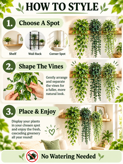 🌿 Home Decor Deal – 3-Piece Faux Hanging Greenery 🪴 Lifelike Potted Vines for Shelves, Walls, Balconies & Office Spaces ✨