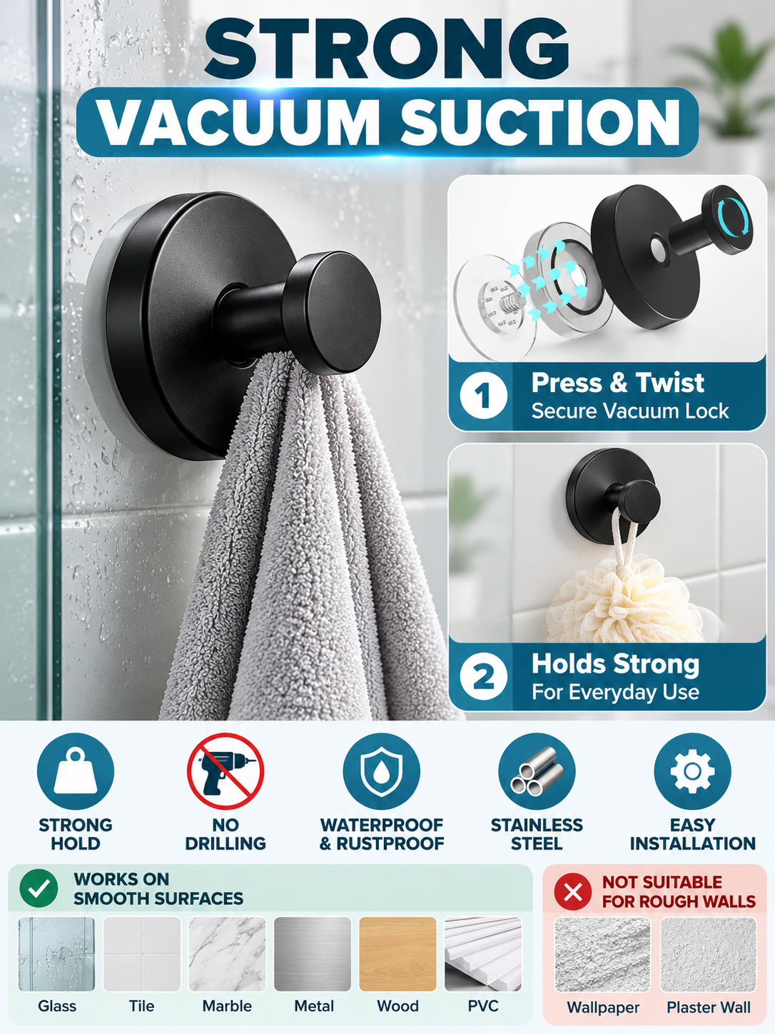 🛁 Home Upgrade Deal – Black Suction Towel Hooks 🖤Reusable No-Drill Wall Holders for Bathroom & Kitchen Organization ✨
