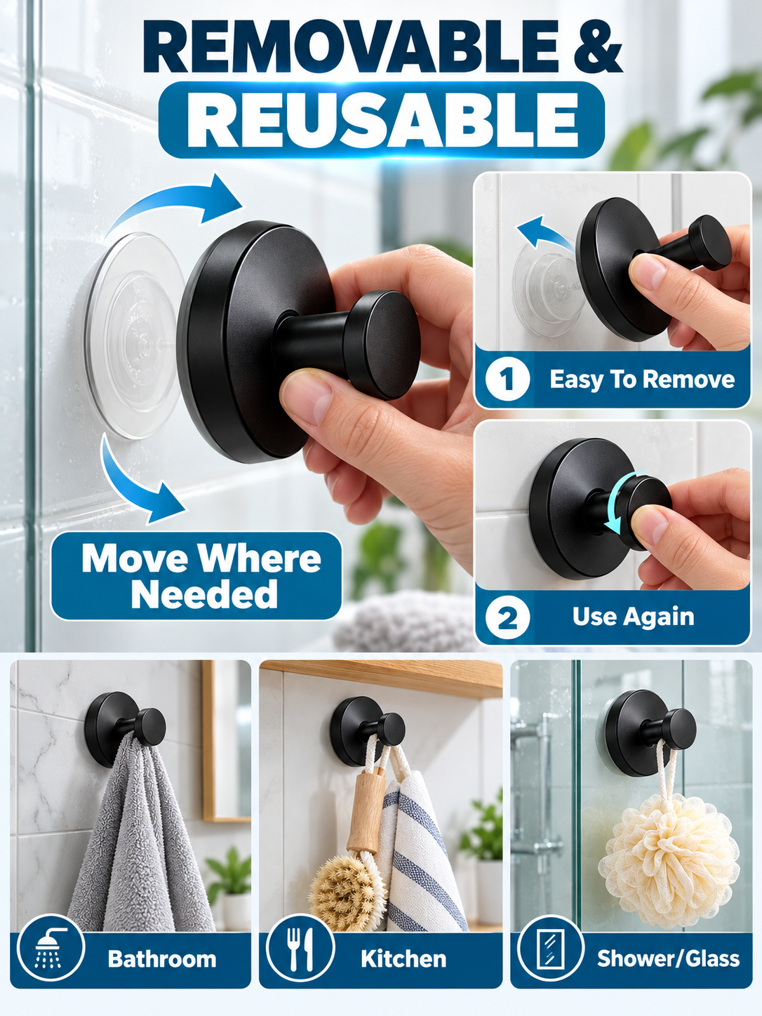 🛁 Home Upgrade Deal – Black Suction Towel Hooks 🖤Reusable No-Drill Wall Holders for Bathroom & Kitchen Organization ✨