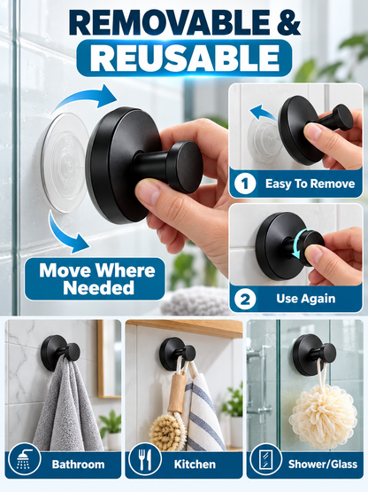 🛁 Home Upgrade Deal – Black Suction Towel Hooks 🖤Reusable No-Drill Wall Holders for Bathroom & Kitchen Organization ✨