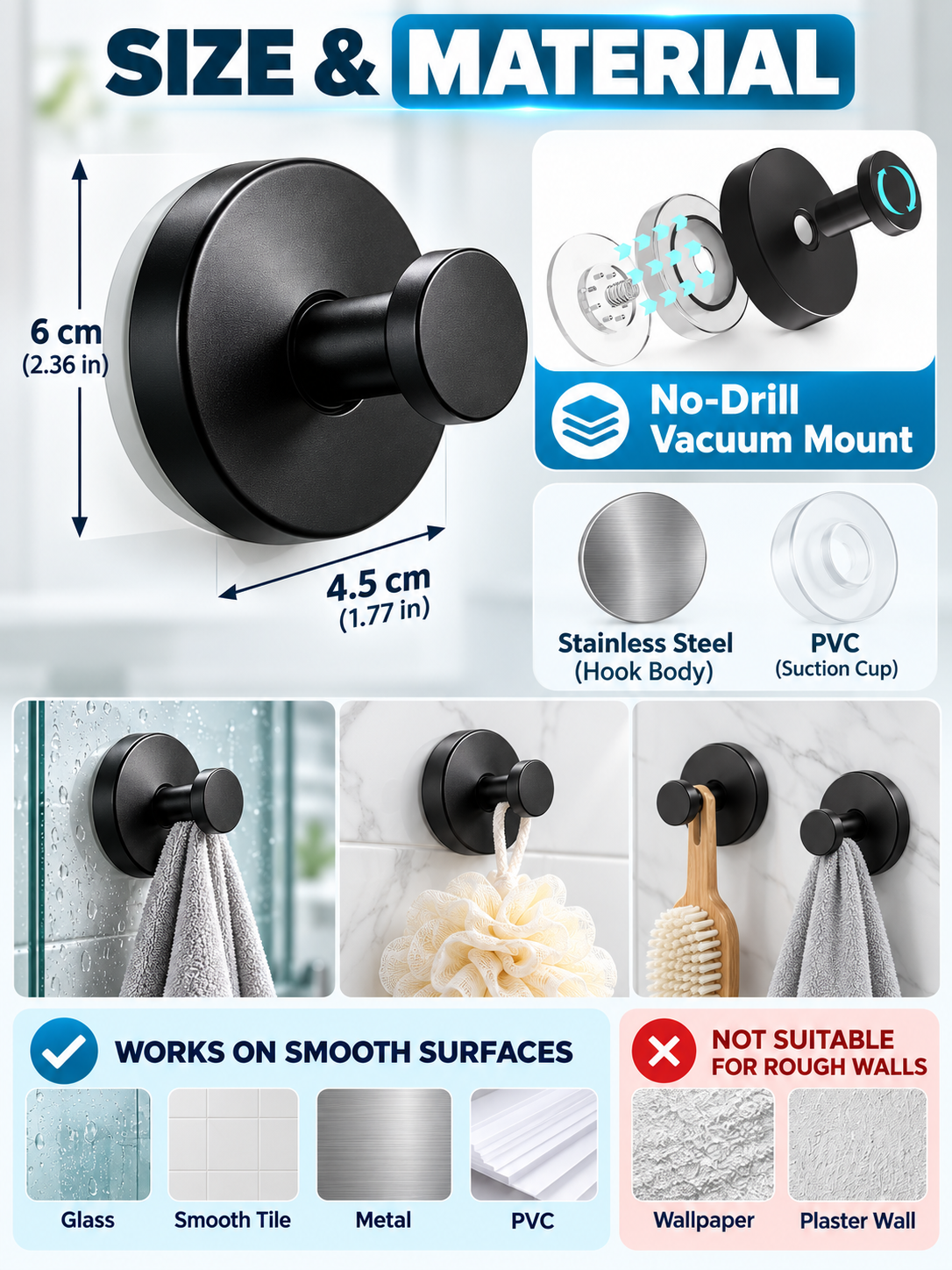 🛁 Home Upgrade Deal – Black Suction Towel Hooks 🖤Reusable No-Drill Wall Holders for Bathroom & Kitchen Organization ✨