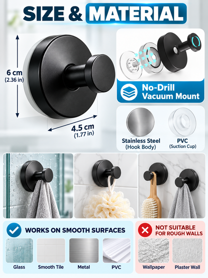 🛁 Home Upgrade Deal – Black Suction Towel Hooks 🖤Reusable No-Drill Wall Holders for Bathroom & Kitchen Organization ✨