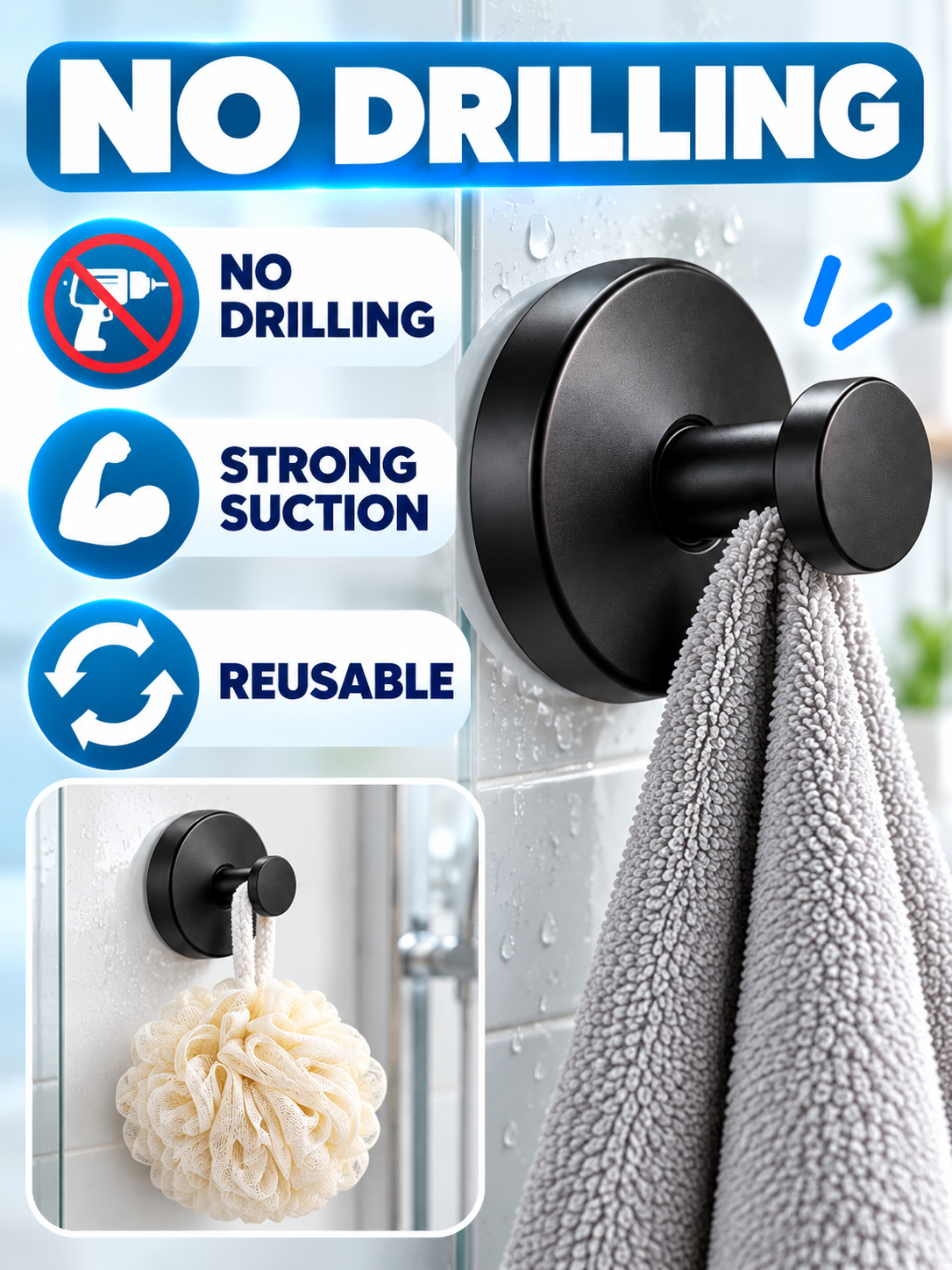 🛁 Home Upgrade Deal – Black Suction Towel Hooks 🖤Reusable No-Drill Wall Holders for Bathroom & Kitchen Organization ✨